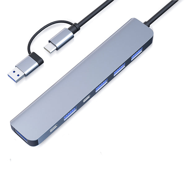 Hub USB 8 in 1 Qeno® USB 3.0./USB TIP C, 4 Sloturi USB 2.0, 2 Sloturi USB TIP C, 1 Slot USB 3.0, Adaptor Multiport Cu Protectie Supracurent, 480 Mbps, 5 Gbps, Plug And Play, Aluminiu